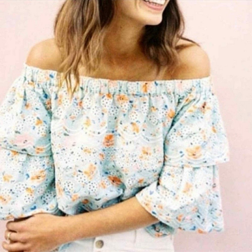 Anthropologie LAIA Womens Eyelets Off The Shoulder Ashtabula Crop Top Sage Small